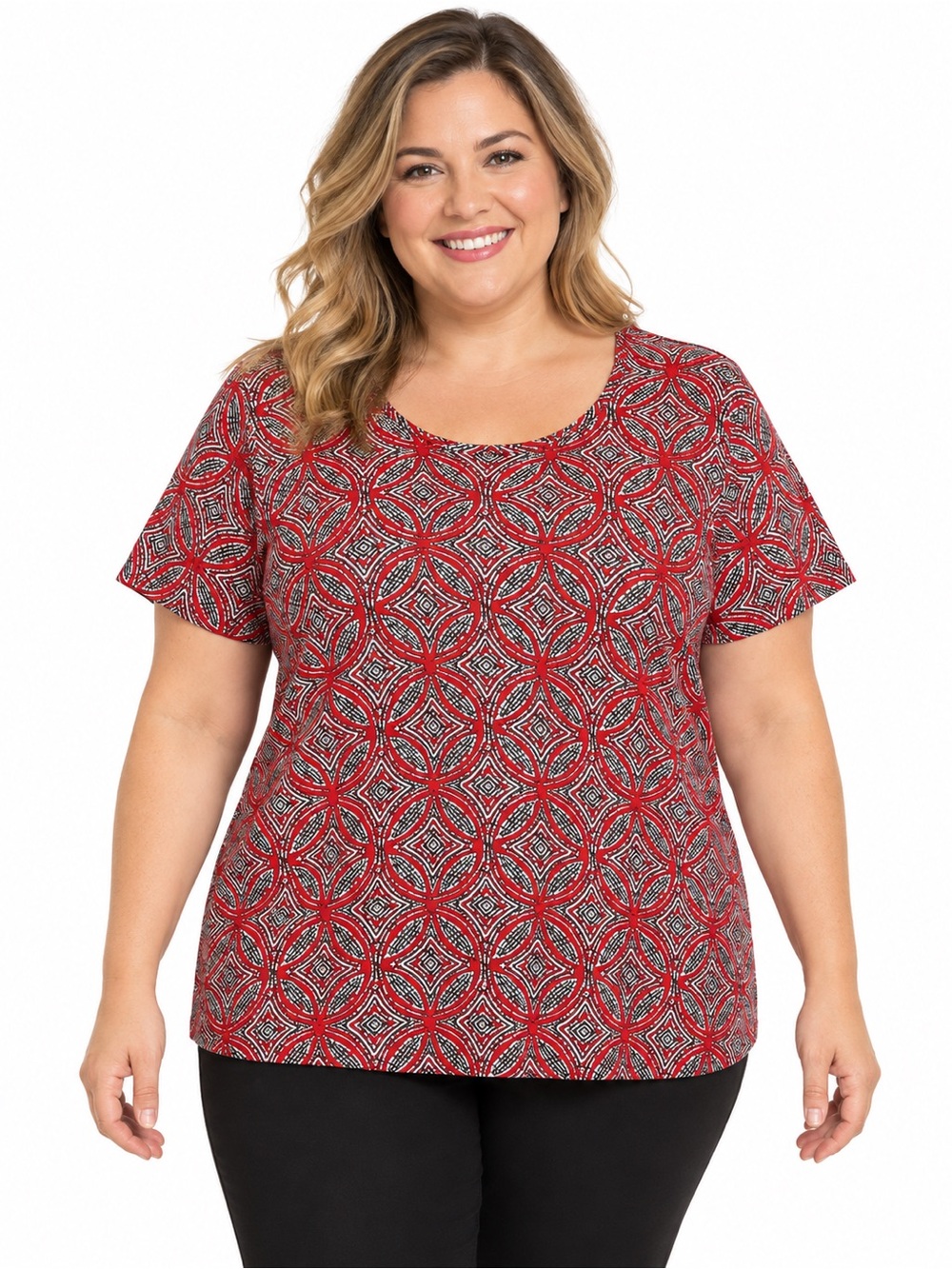 Croft & Barrow Women’s Classic Tee Red Geometric Print Cotton Top 1X